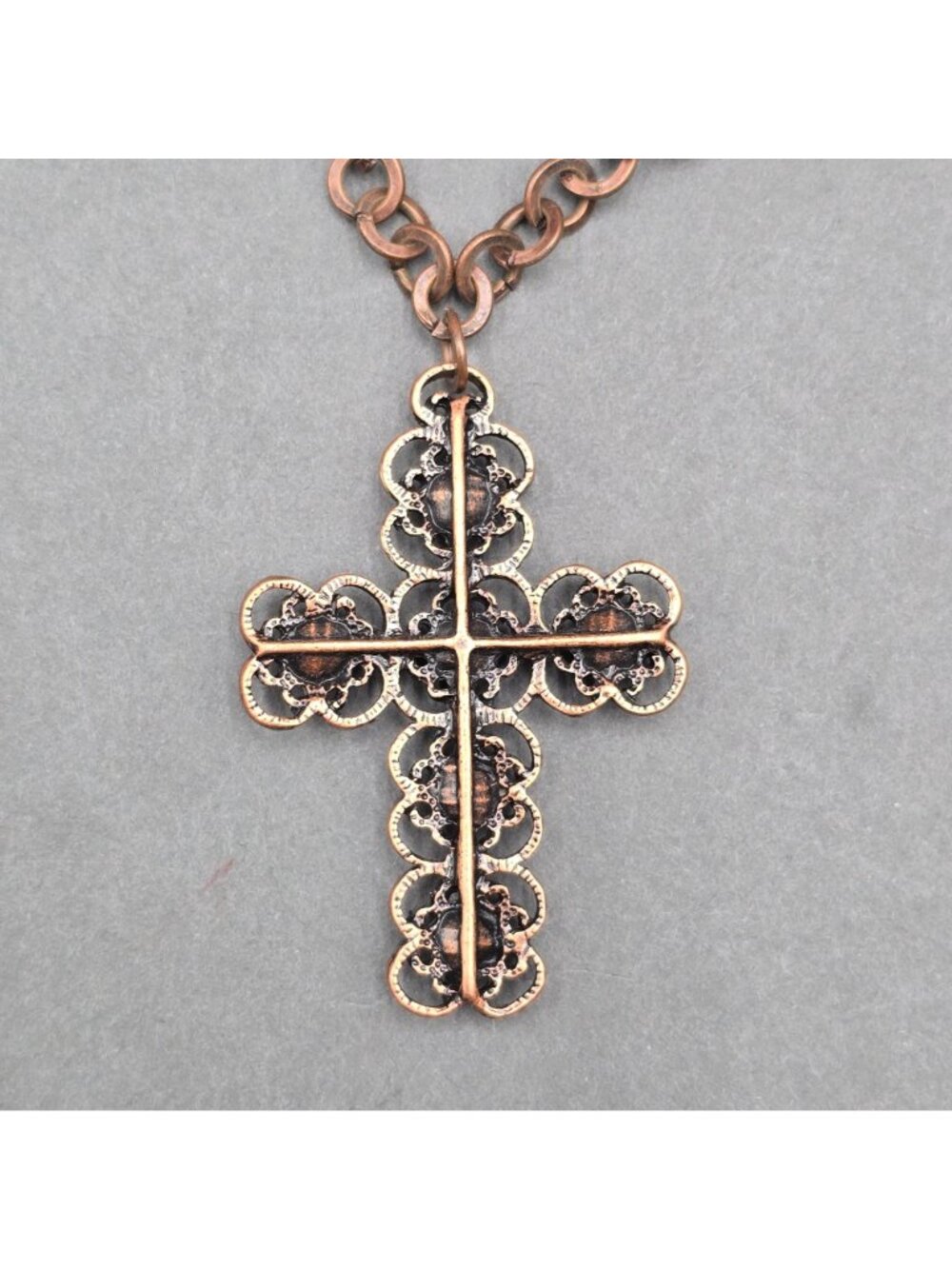 Etruscan Revival Copper Plated Stainless Steel Cross Pendant Necklace Rhinestone - Picture 5 of 9